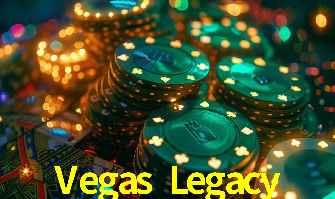 Escena dinámica inspirada en casino con iluminación Vegas Legacy, cartas, fichas e íconos de juegos digitales en un espacio moderno de juegos.