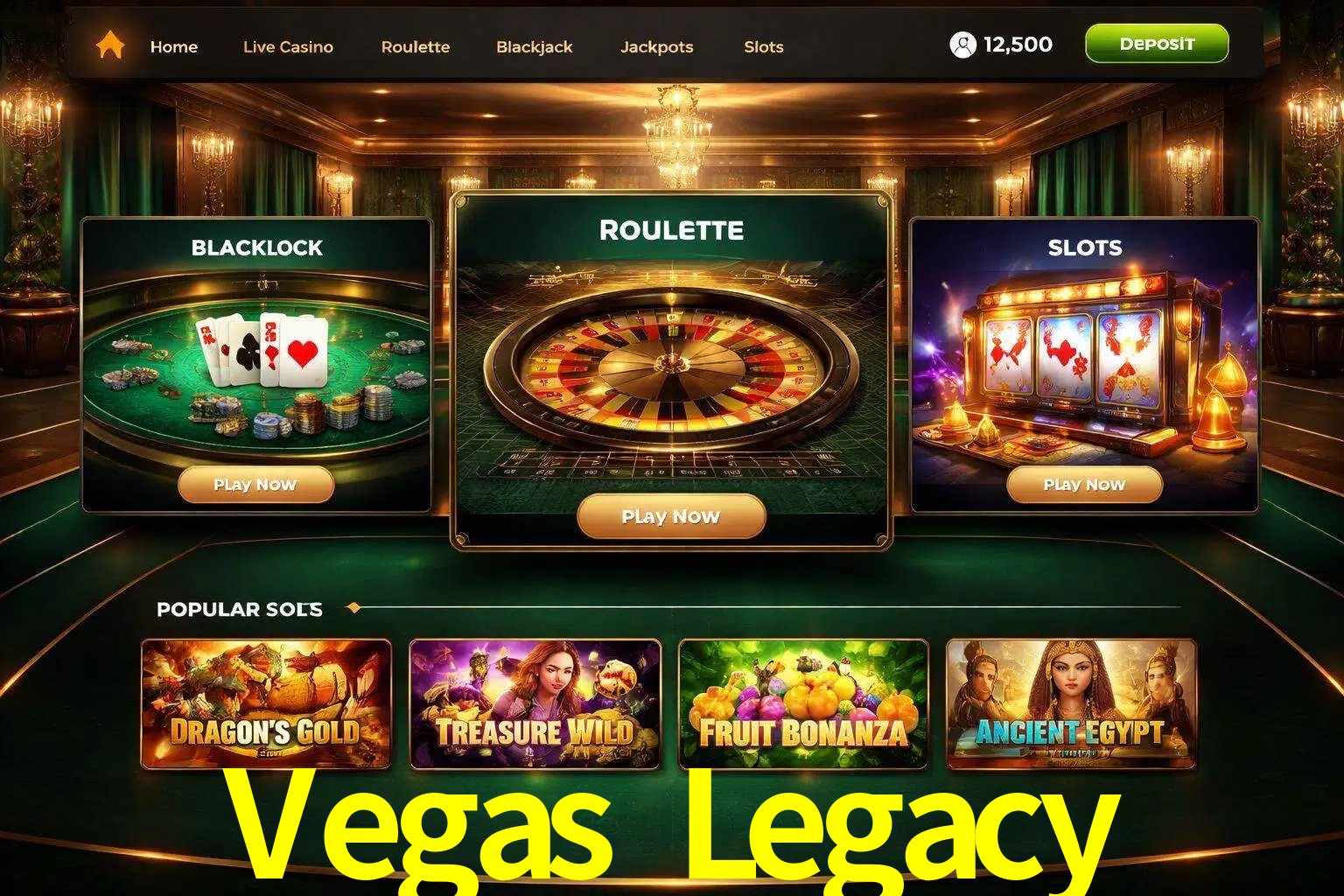 Vista de la plataforma Vegas Legacy Casino mostrando categorías organizadas de juegos en línea