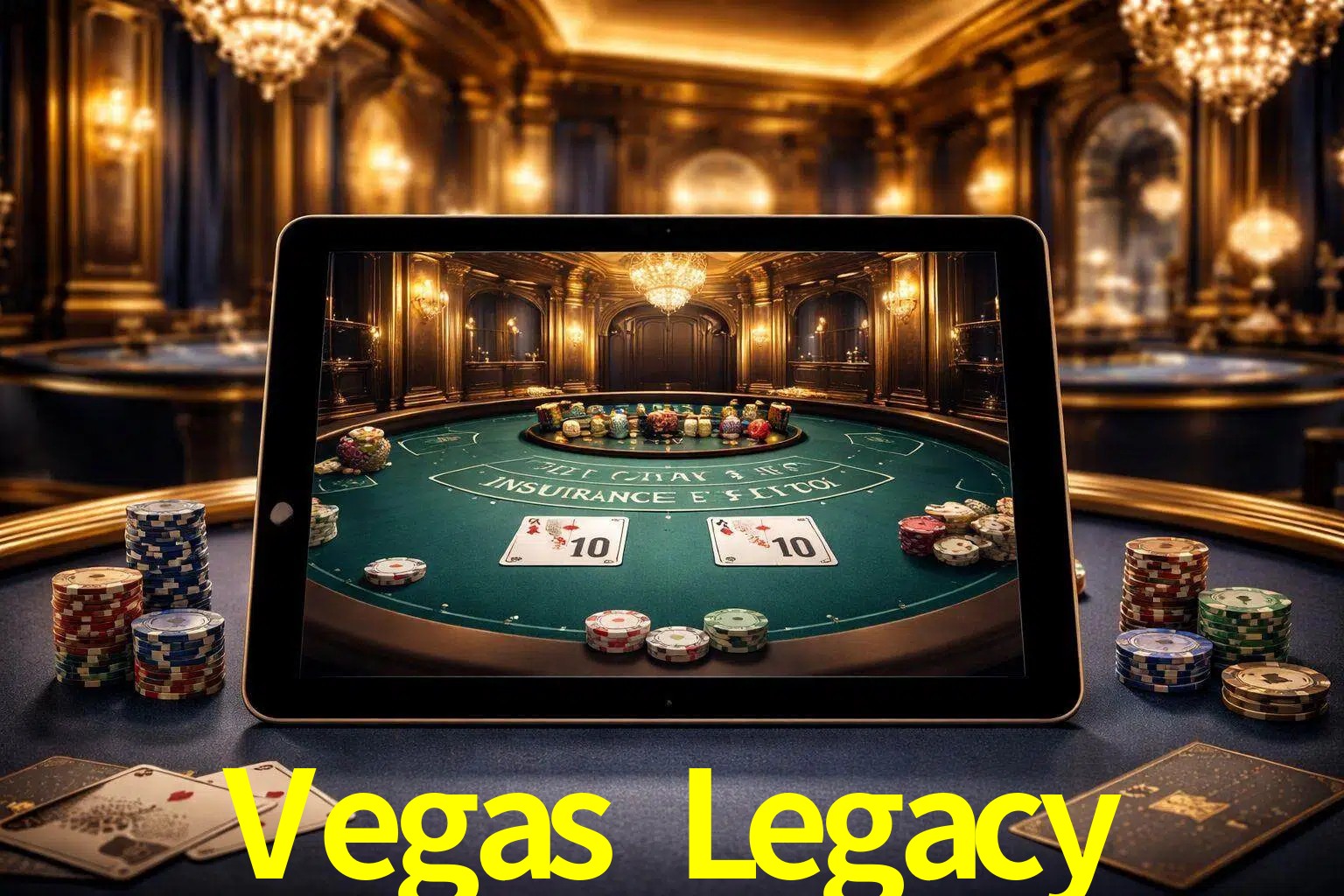 Configuración moderna de casino en vivo con una tableta mostrando una mesa de blackjack, luces cálidas de estudio y una atmósfera elegante de juegos digitales.