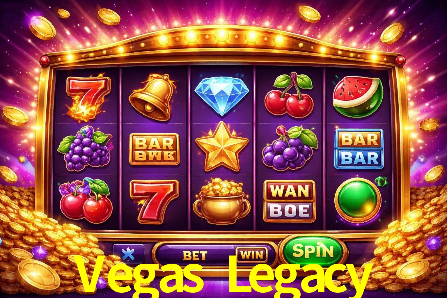 Una interfaz colorida de tragamonedas en línea con símbolos brillantes, monedas y un efecto de victoria celebratoria en Vegas Legacy.