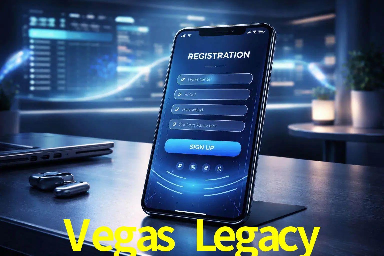 Una interfaz moderna de registro móvil para Vegas Legacy mostrada en un smartphone con un panel de apuestas elegante.
